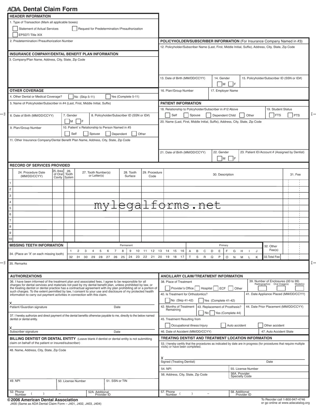 Ada Dental Claim Template