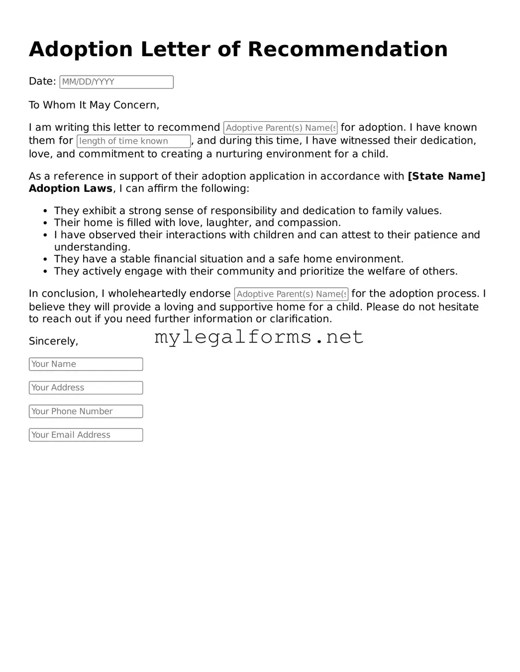 Attorney-Approved Adoption Letter of Recommendation Form
