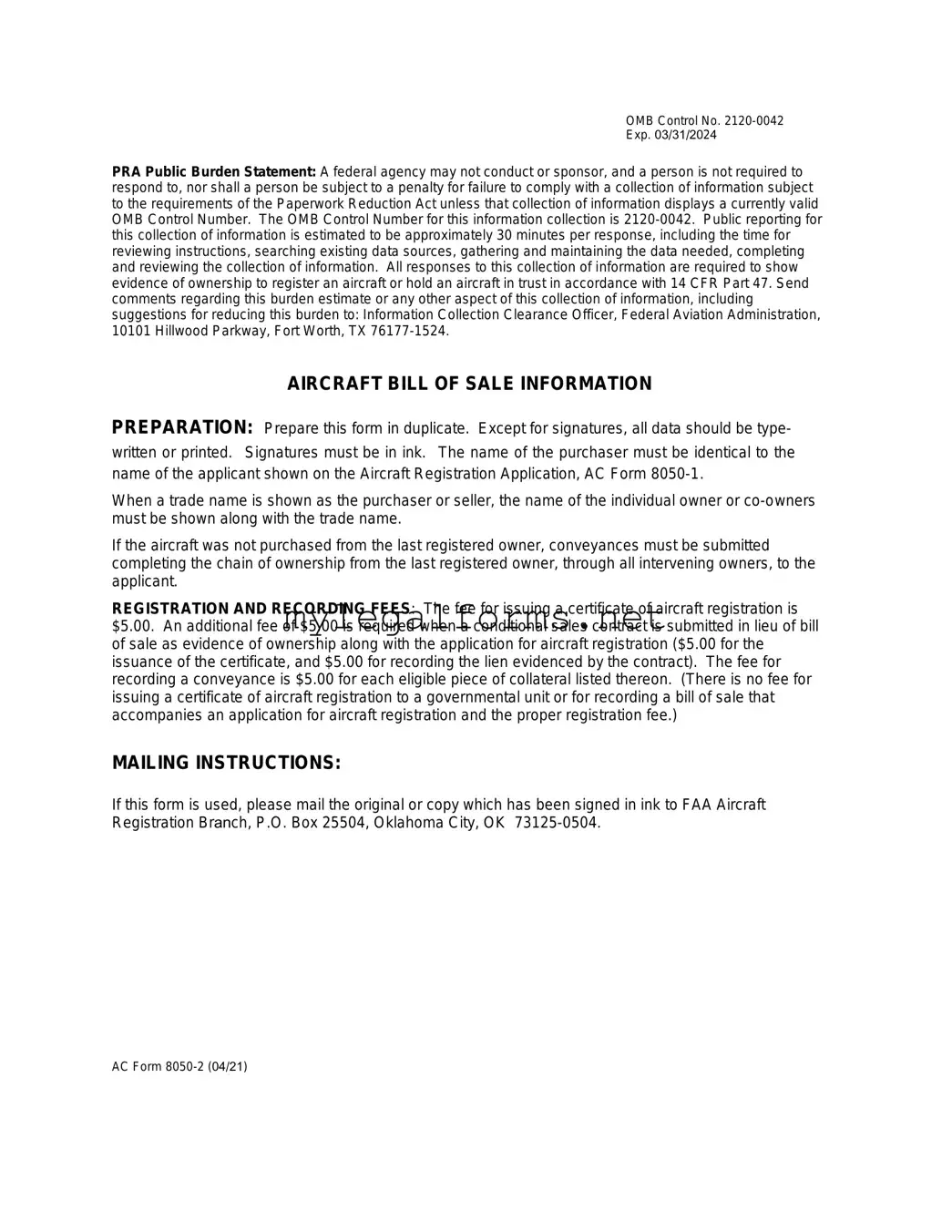 Aircraft Bill of Sale AC 8050-2 Template