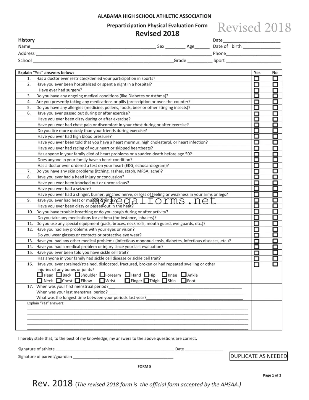Alabama High School Physical Template