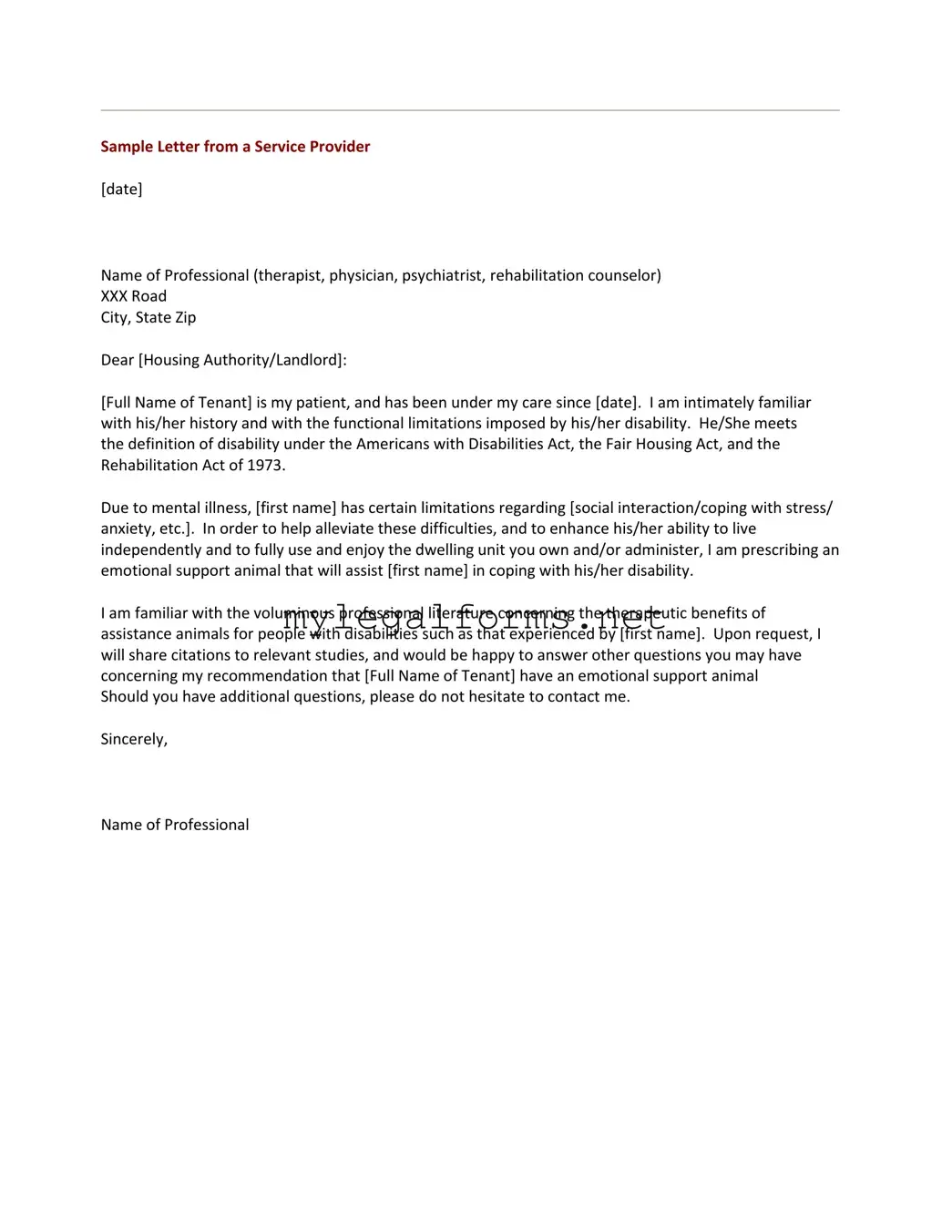 Emotional Support Animal Letter Template