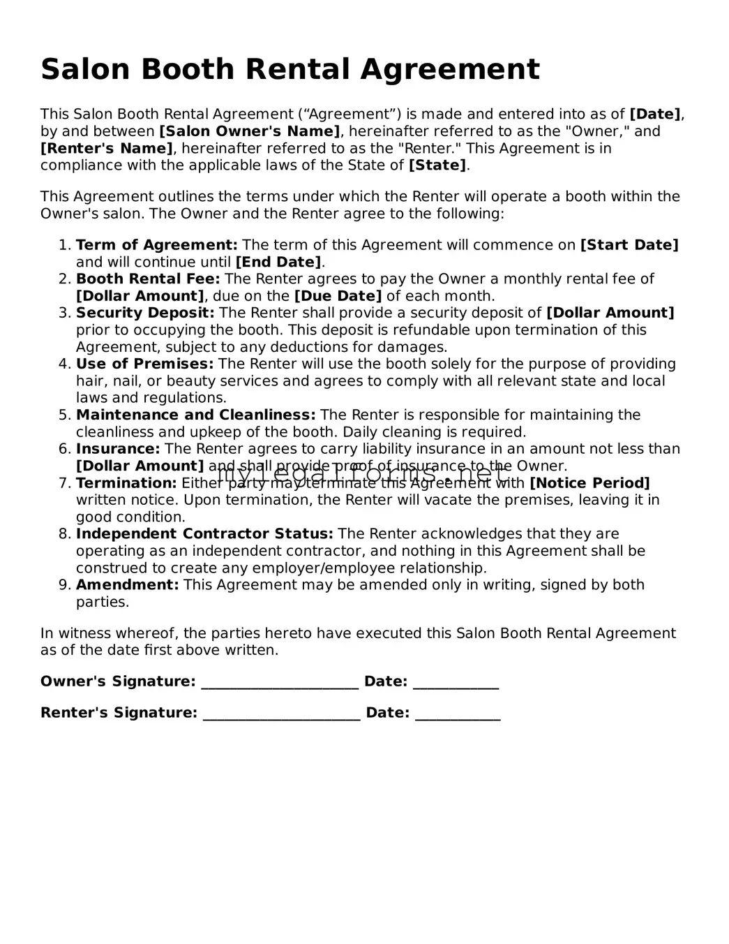 Attorney-Approved Salon Booth Rental Agreement Form