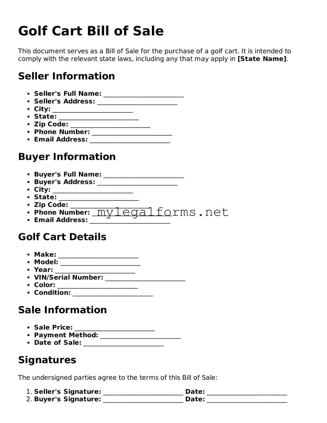 Attorney-Approved Golf Cart Bill of Sale Form