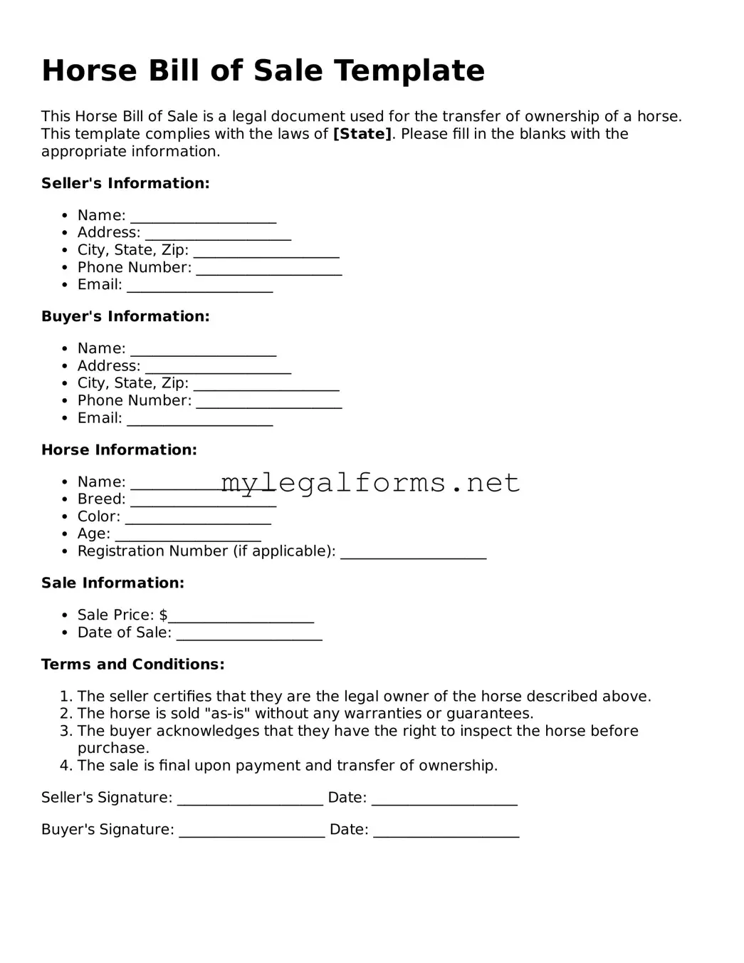 Attorney-Approved Horse Bill of Sale Form