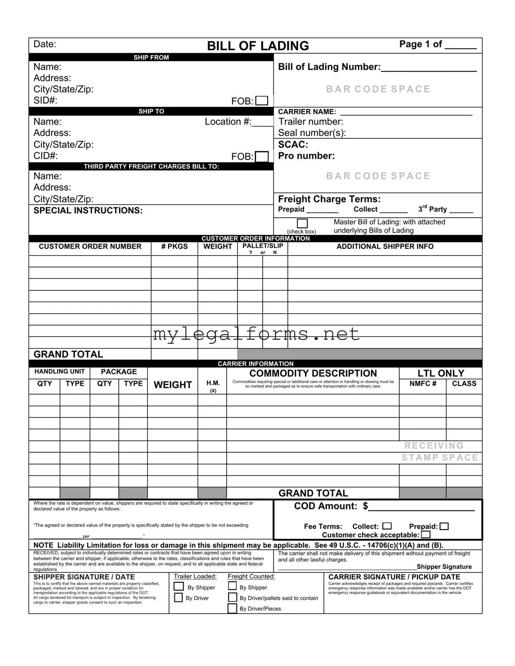 Bill of Lading with a Supplement Template