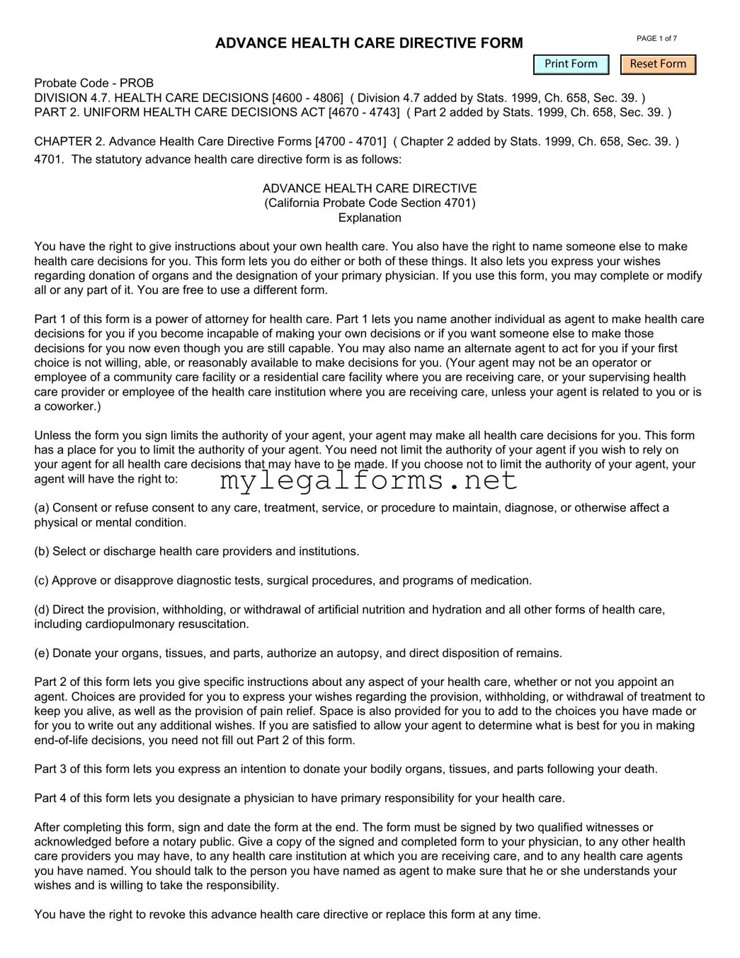 California Advanced Health Care Directive Template