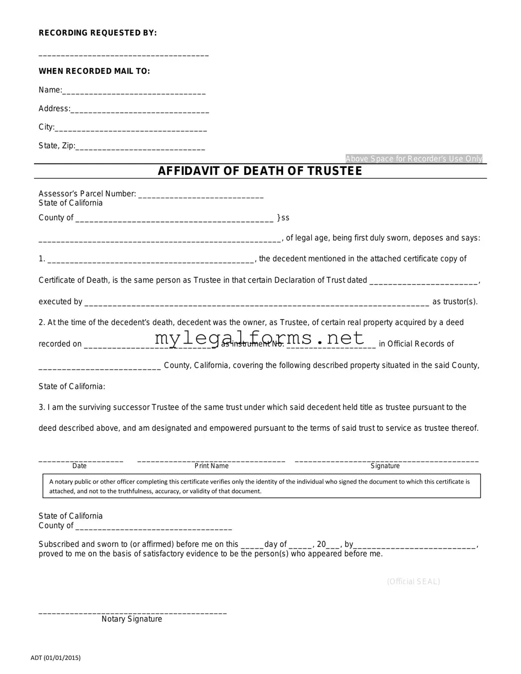 California Affidavit of Death of a Trustee Template