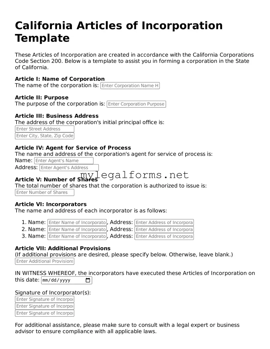 Articles of Incorporation Document for California State