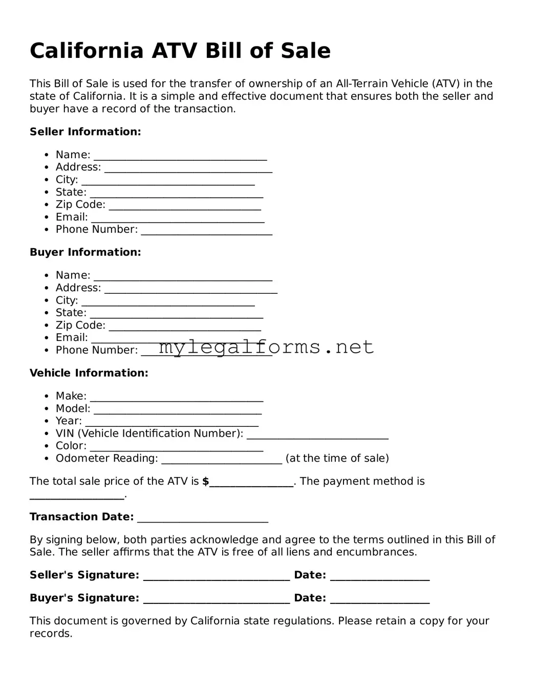 ATV Bill of Sale Document for California State