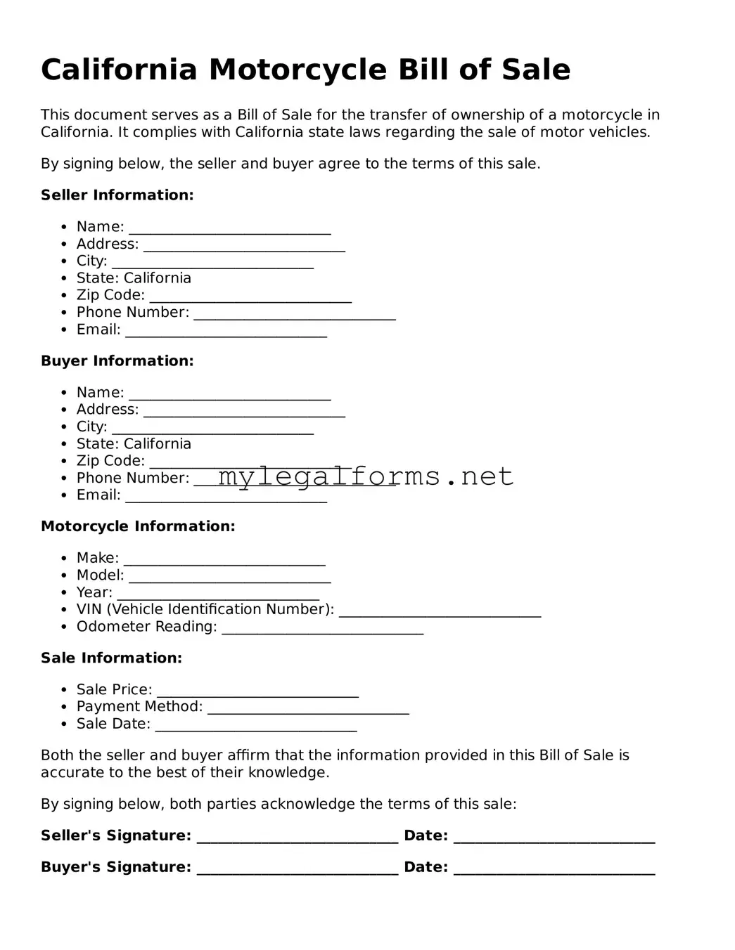 Motorcycle Bill of Sale Document for California State