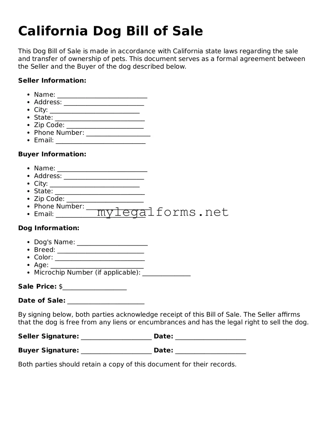 Dog Bill of Sale Document for California State