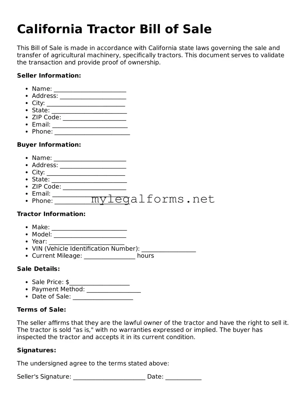 Tractor Bill of Sale Document for California State