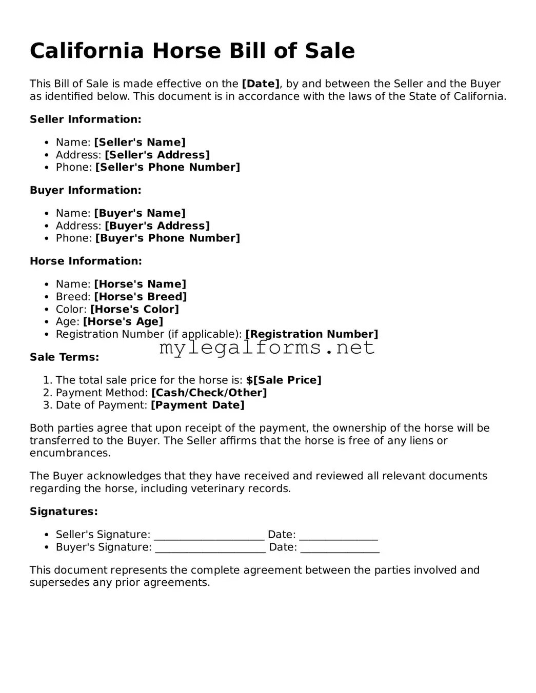 Horse Bill of Sale Document for California State