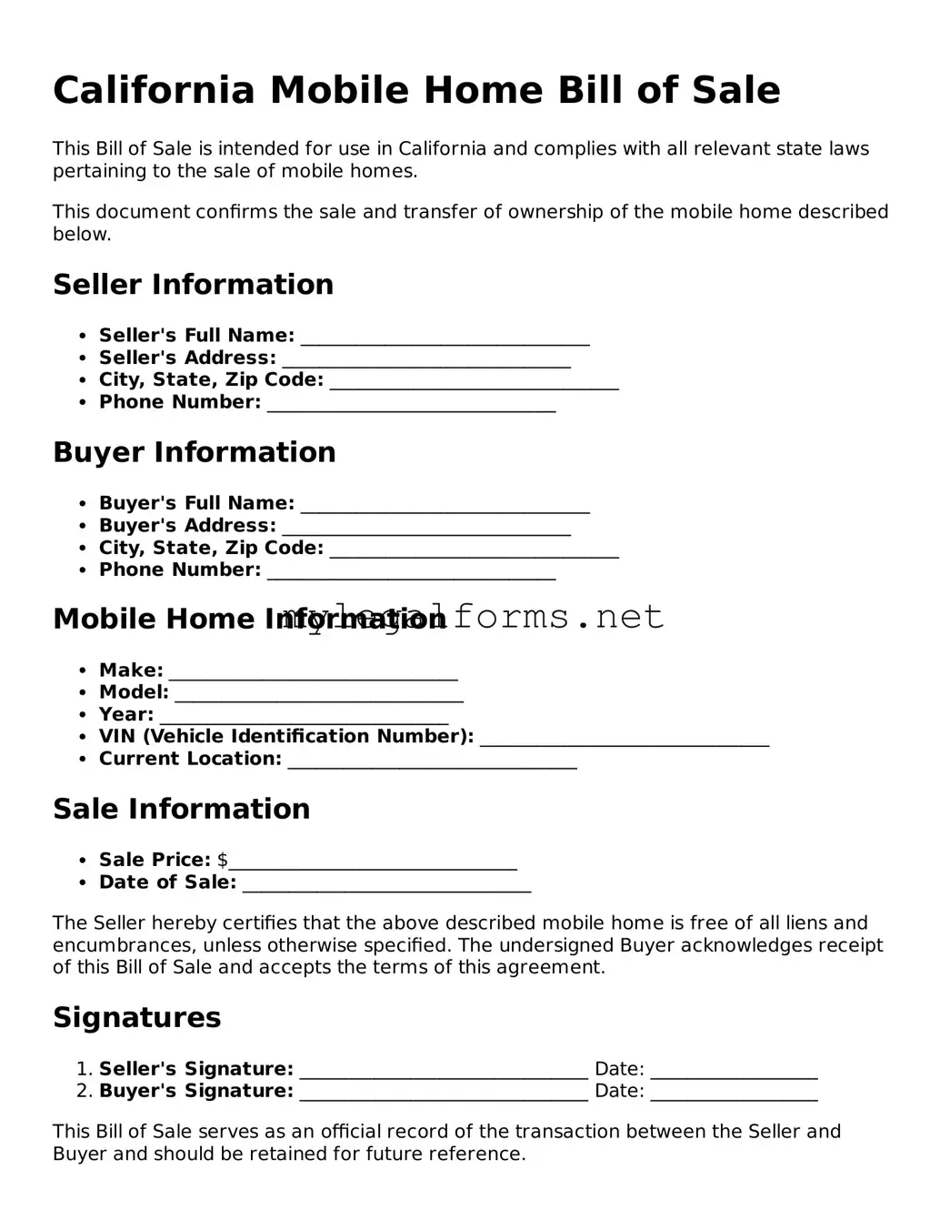 Mobile Home Bill of Sale Document for California State