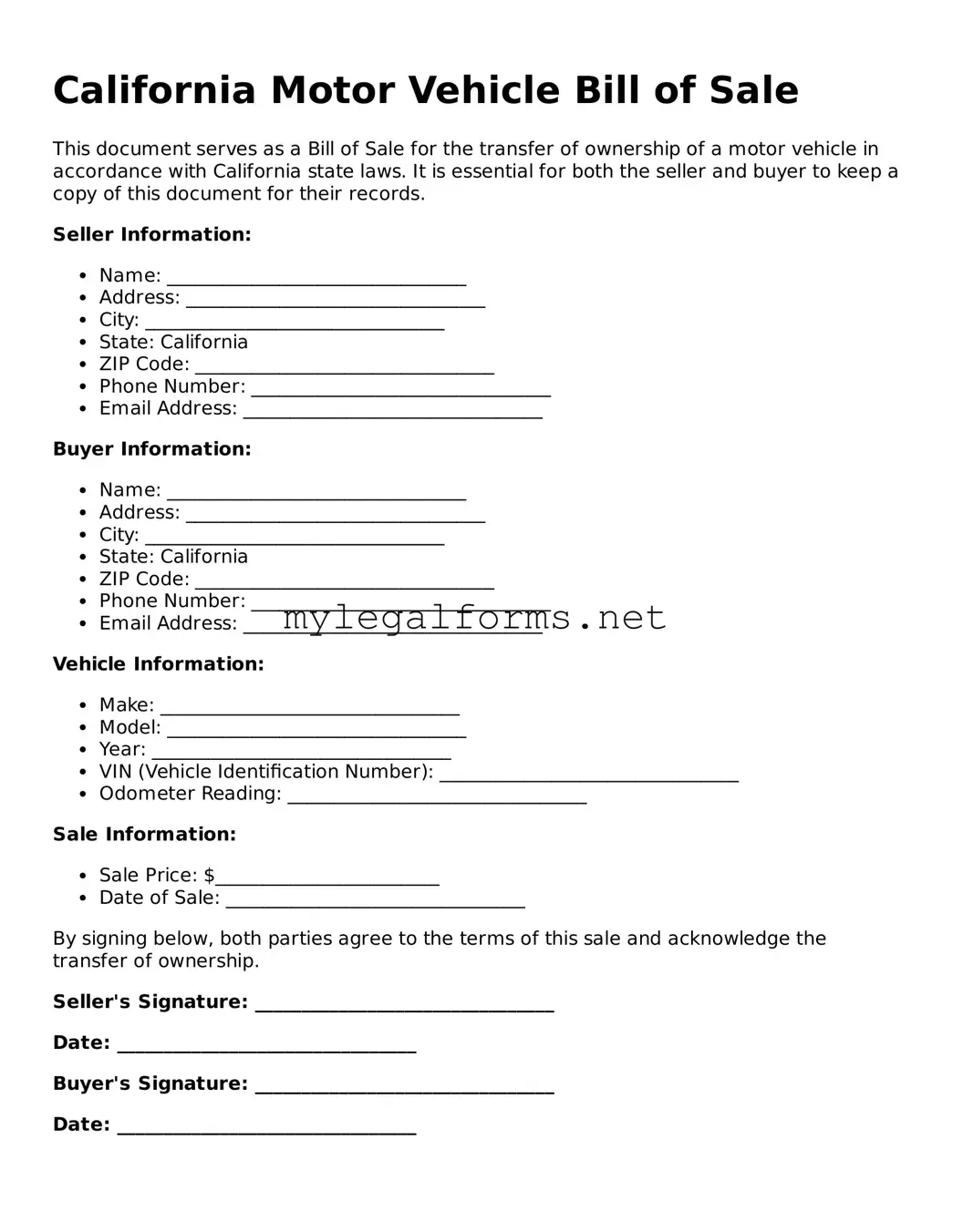 Motor Vehicle Bill of Sale Document for California State