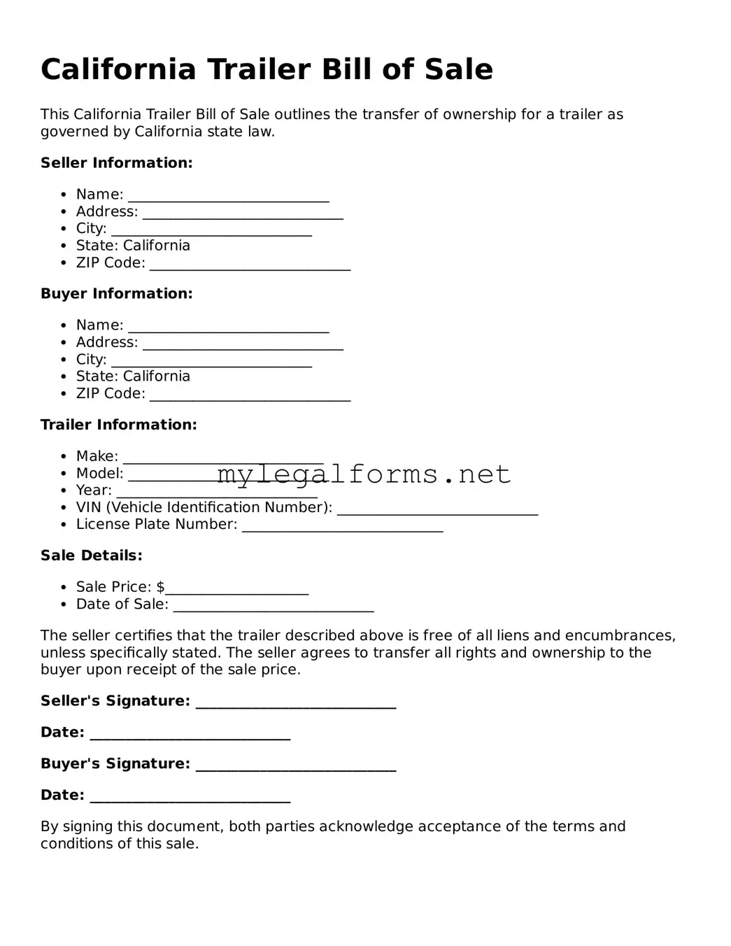 Trailer Bill of Sale Document for California State