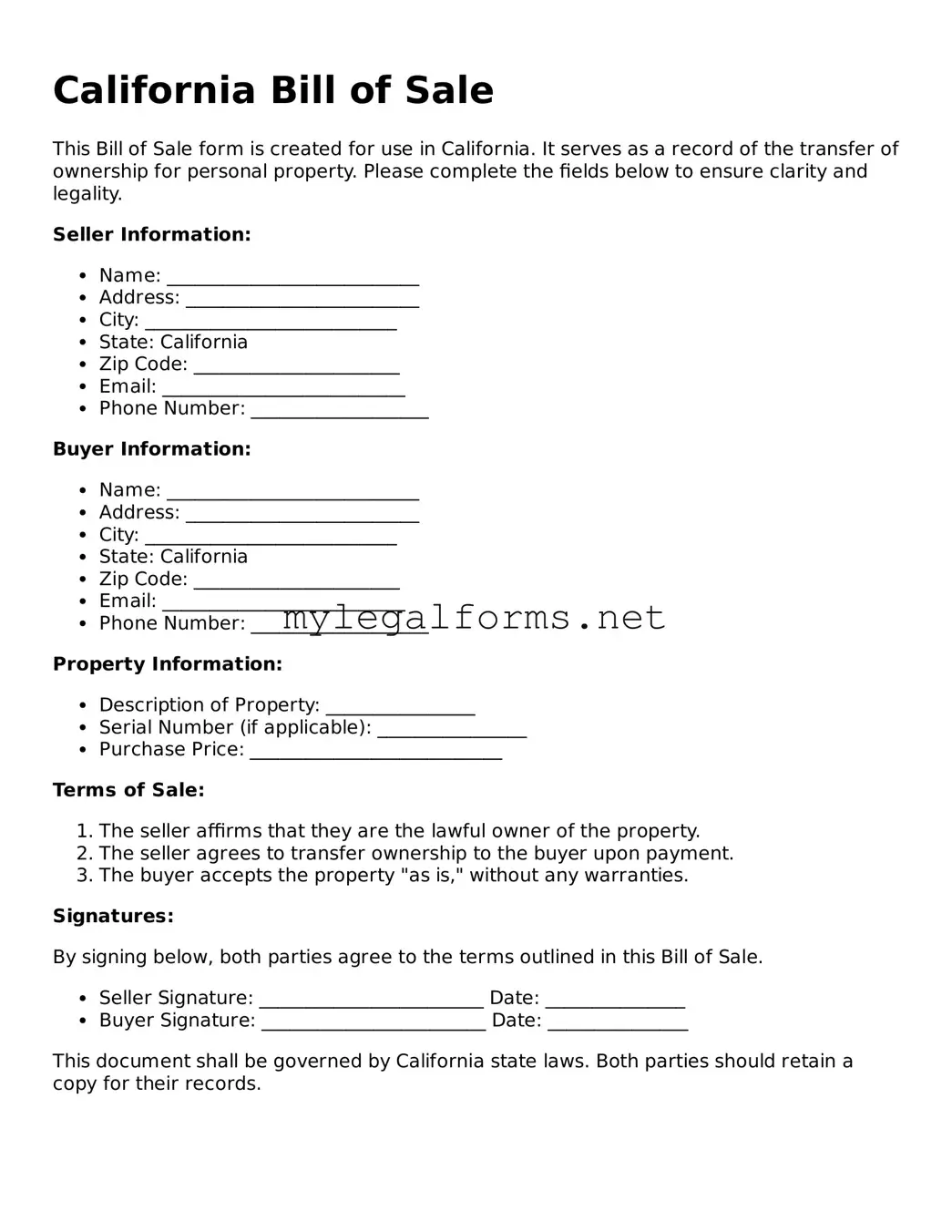 Bill of Sale Document for California State