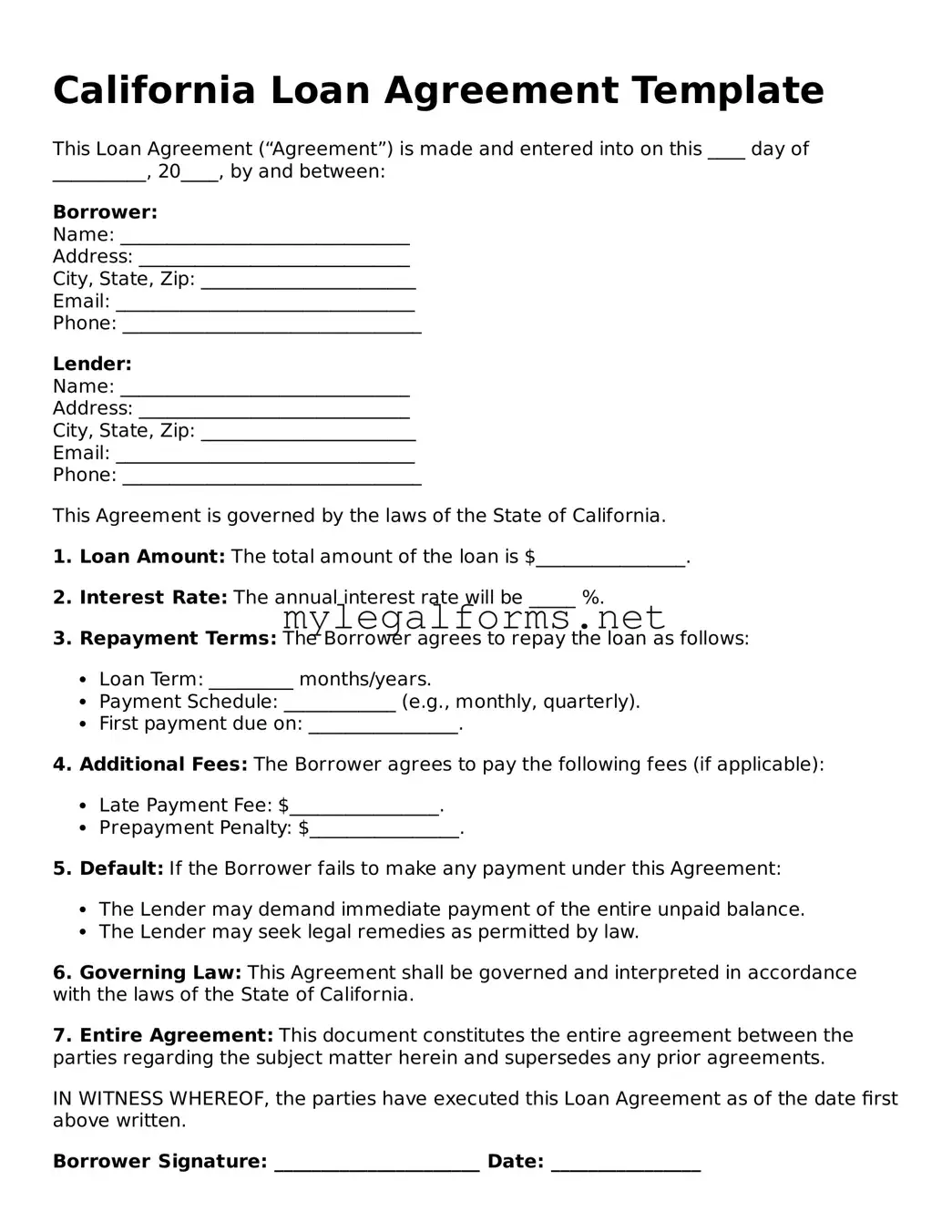 Loan Agreement Document for California State