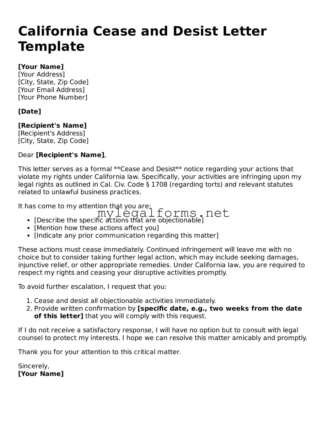 Cease and Desist Letter Document for California State