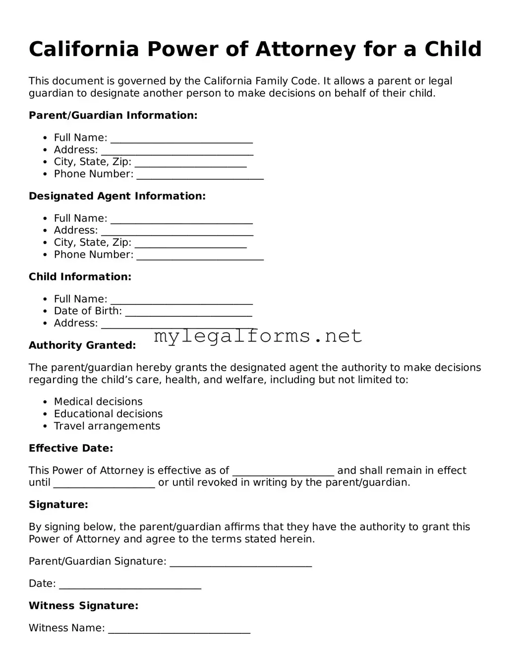 Power of Attorney for a Child Document for California State