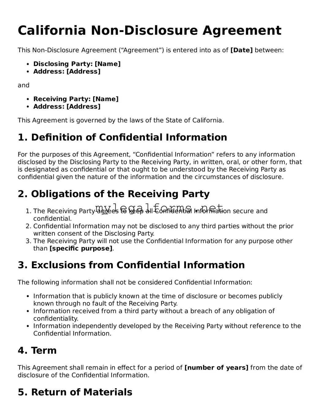 Non-disclosure Agreement Document for California State