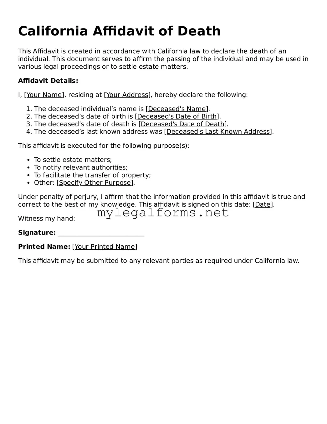 Affidavit of Death Document for California State