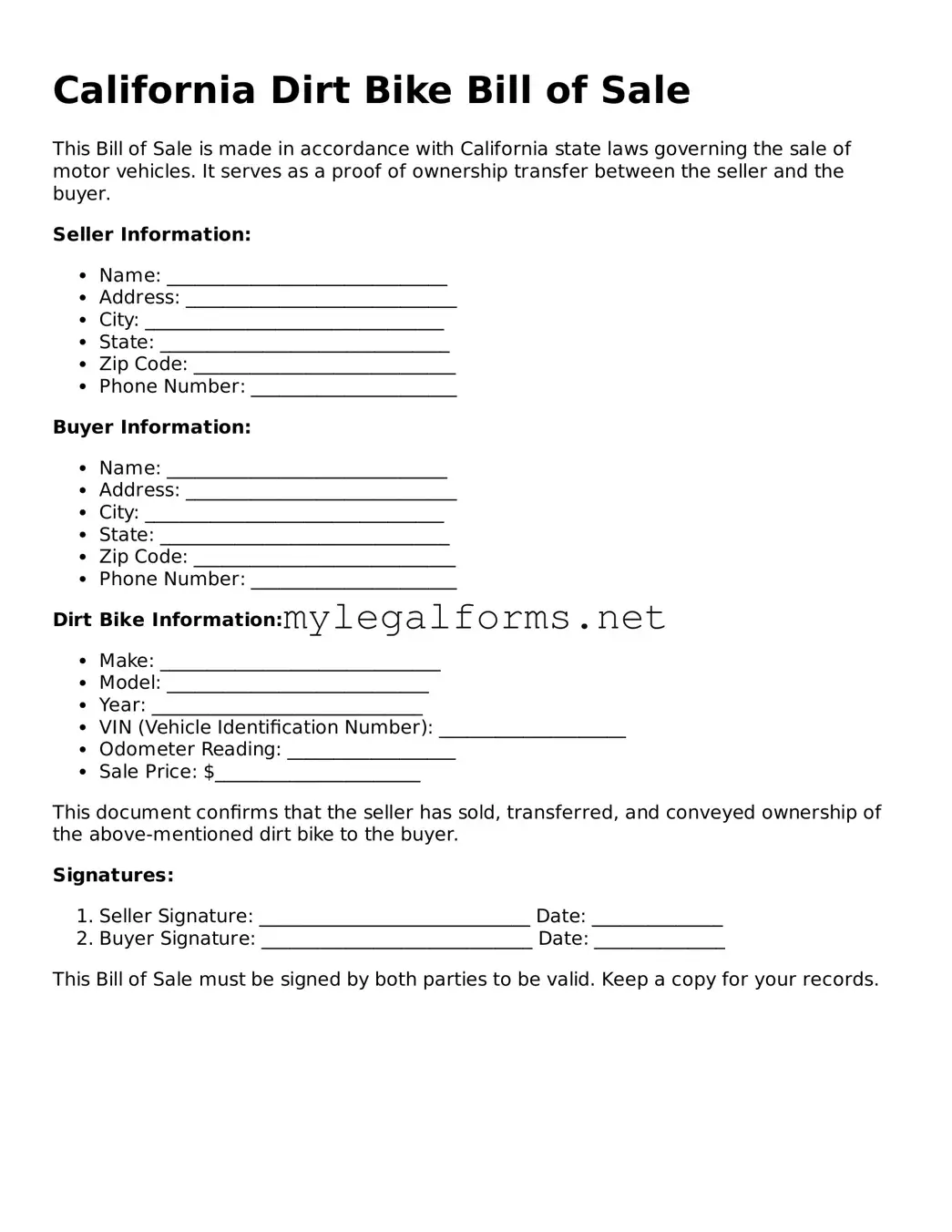 Dirt Bike Bill of Sale Document for California State