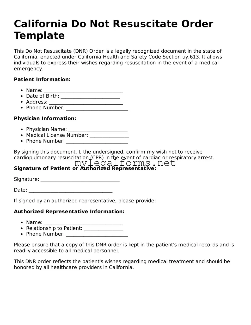 Do Not Resuscitate Order Document for California State