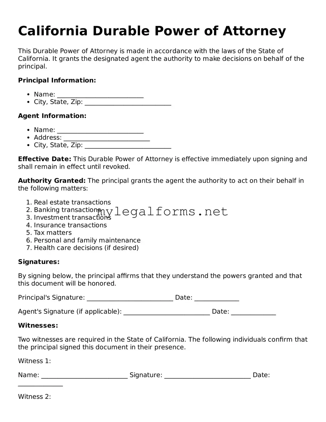 Durable Power of Attorney Document for California State