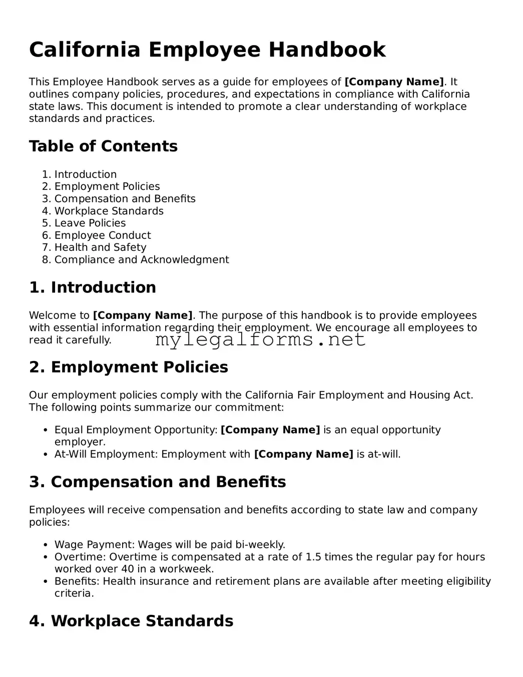 Employee Handbook Document for California State