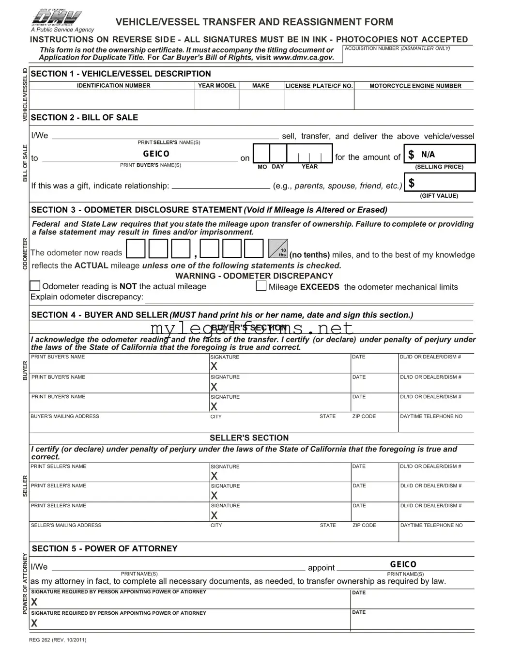 California Fotm Reg 262 Template
