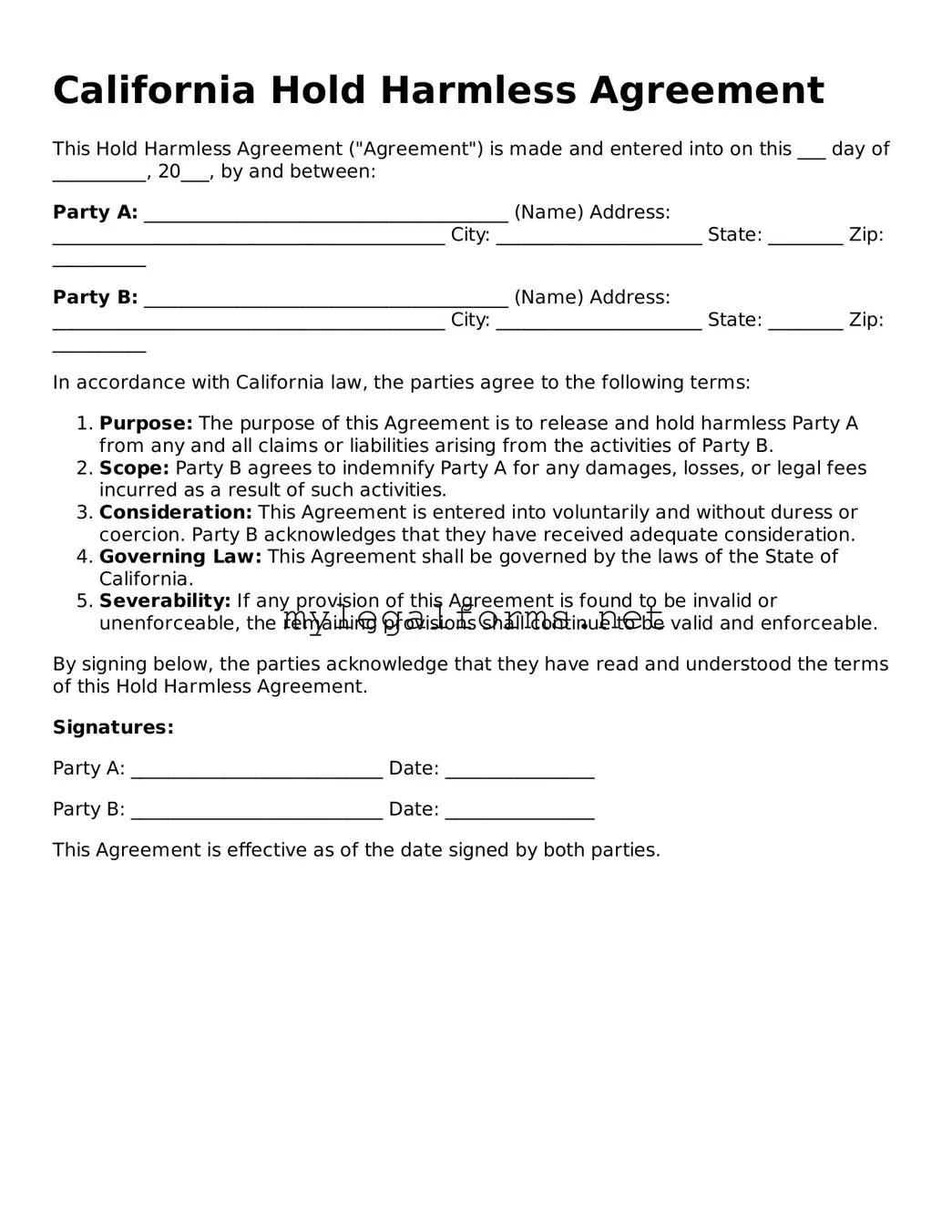 Hold Harmless Agreement Document for California State