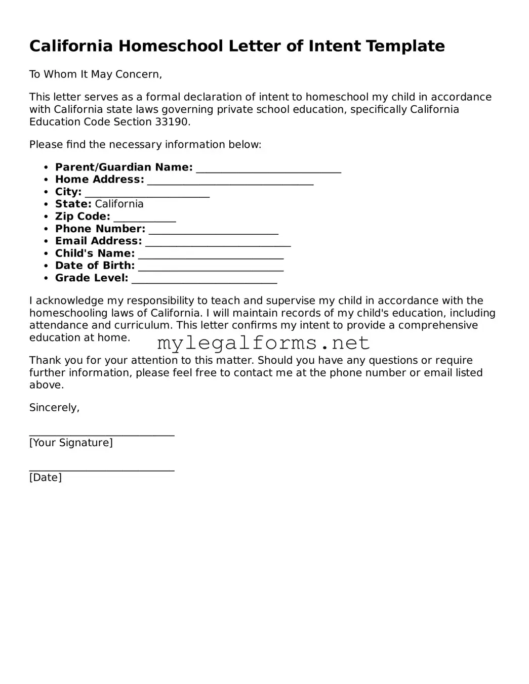 Homeschool Letter of Intent Document for California State