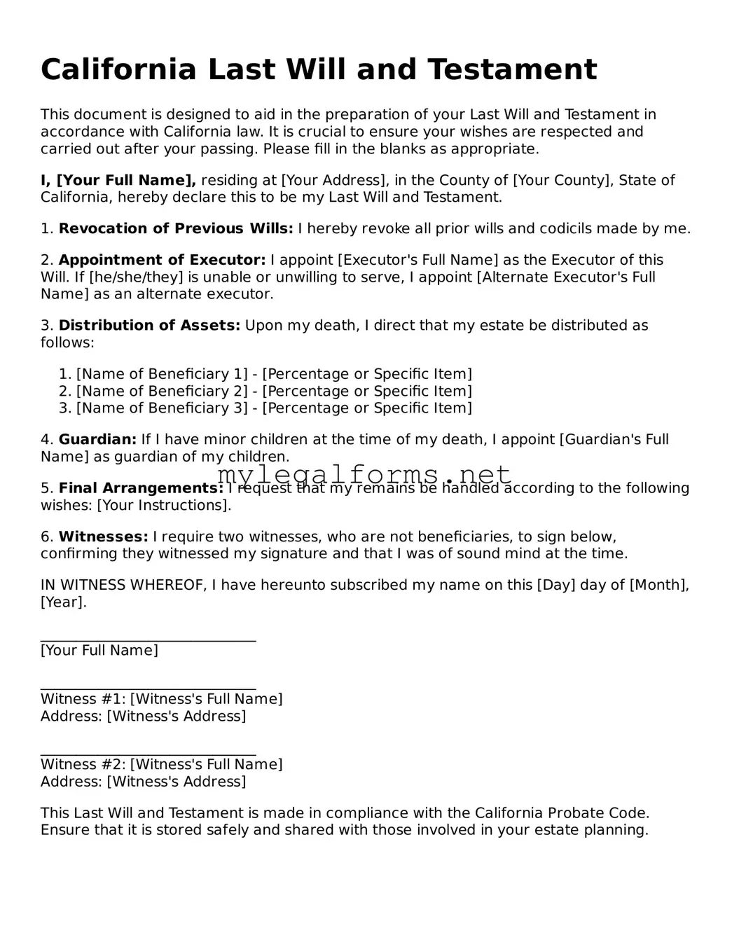 Last Will and Testament Document for California State
