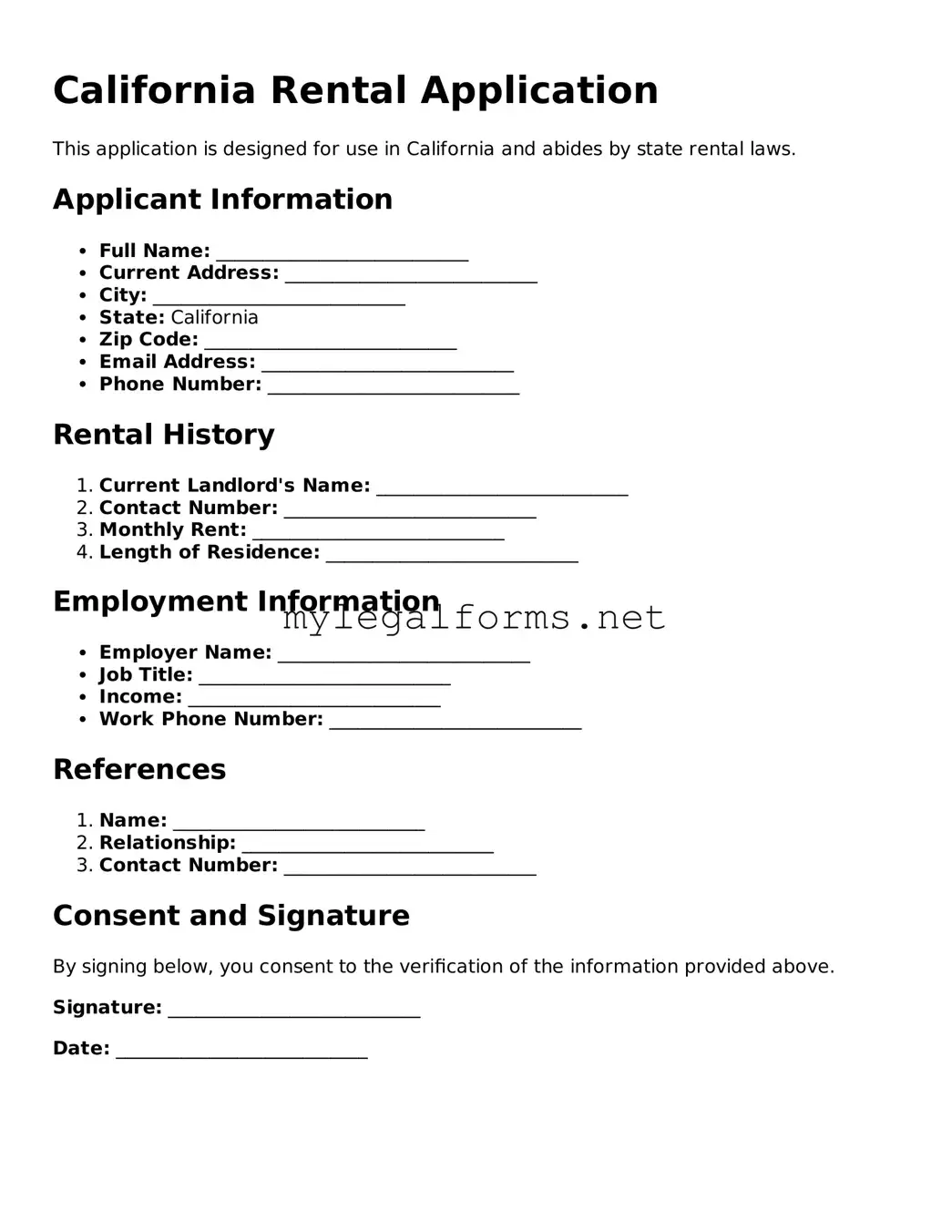 Rental Application Document for California State