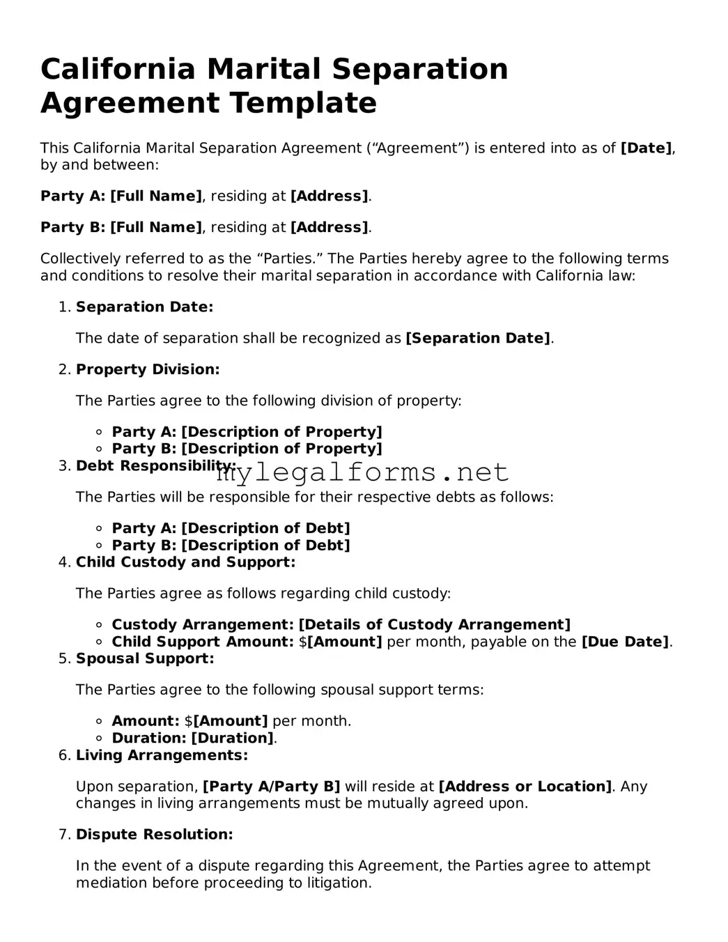 Marital Separation Agreement Document for California State