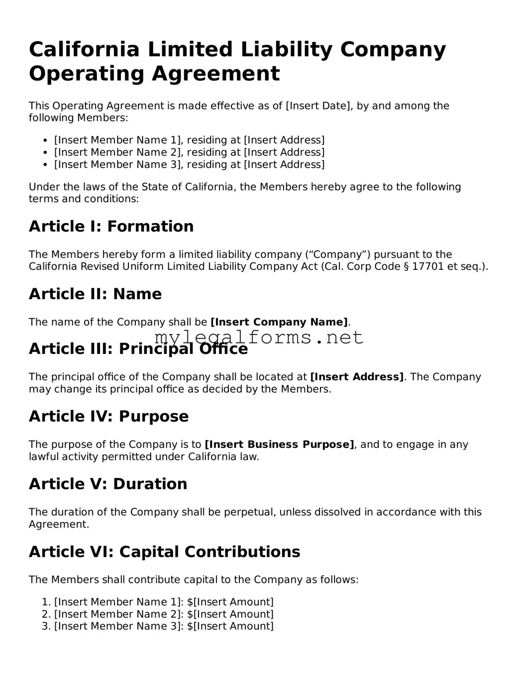 Operating Agreement Document for California State