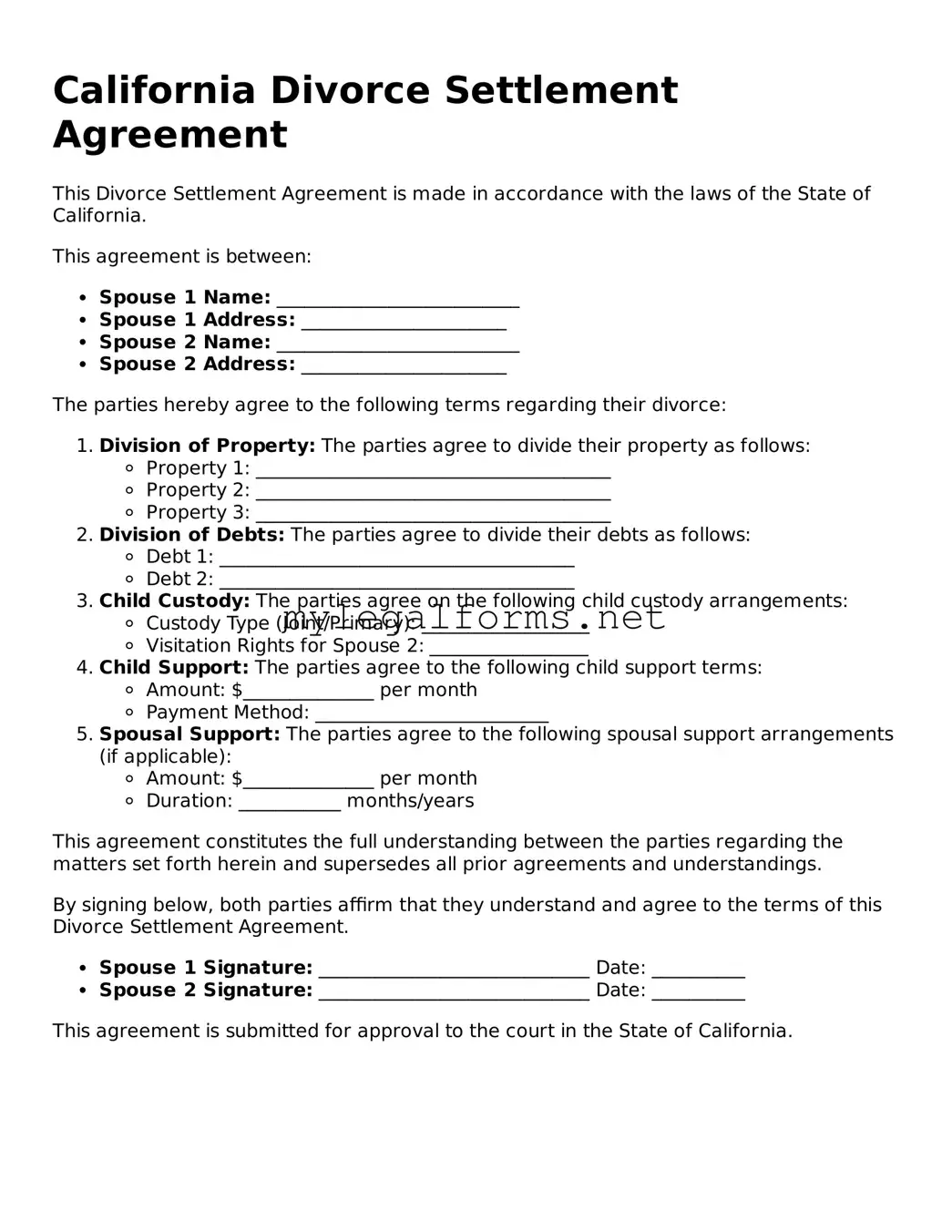 Divorce Settlement Agreement Document for California State