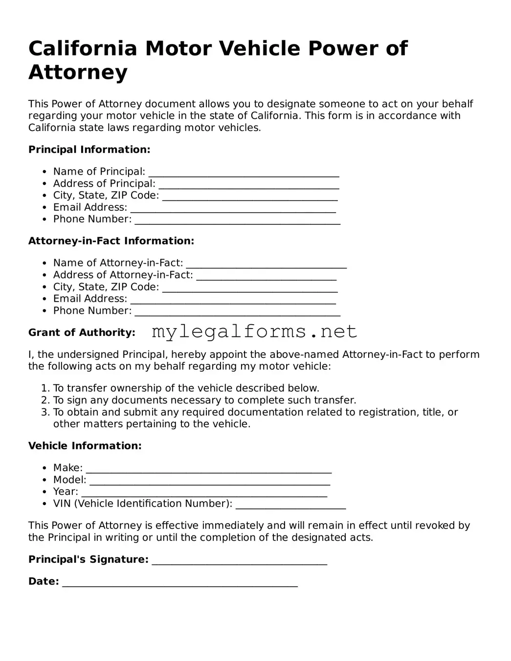 Motor Vehicle Power of Attorney Document for California State