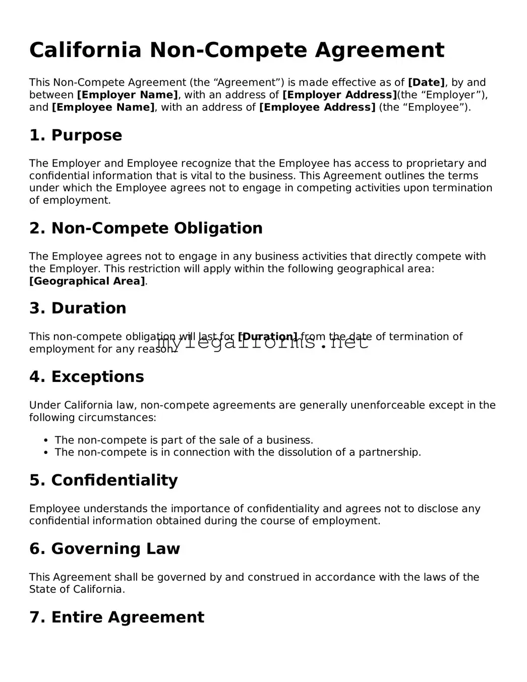 Non-compete Agreement Document for California State