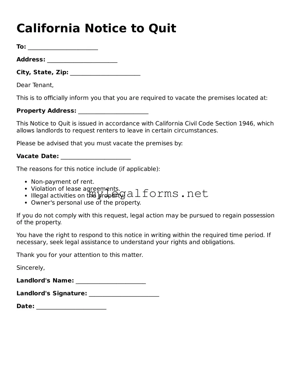 Notice to Quit Document for California State