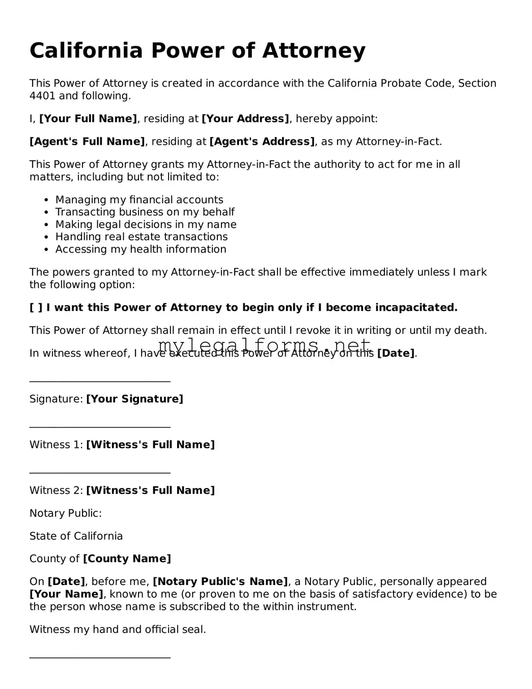 Power of Attorney Document for California State