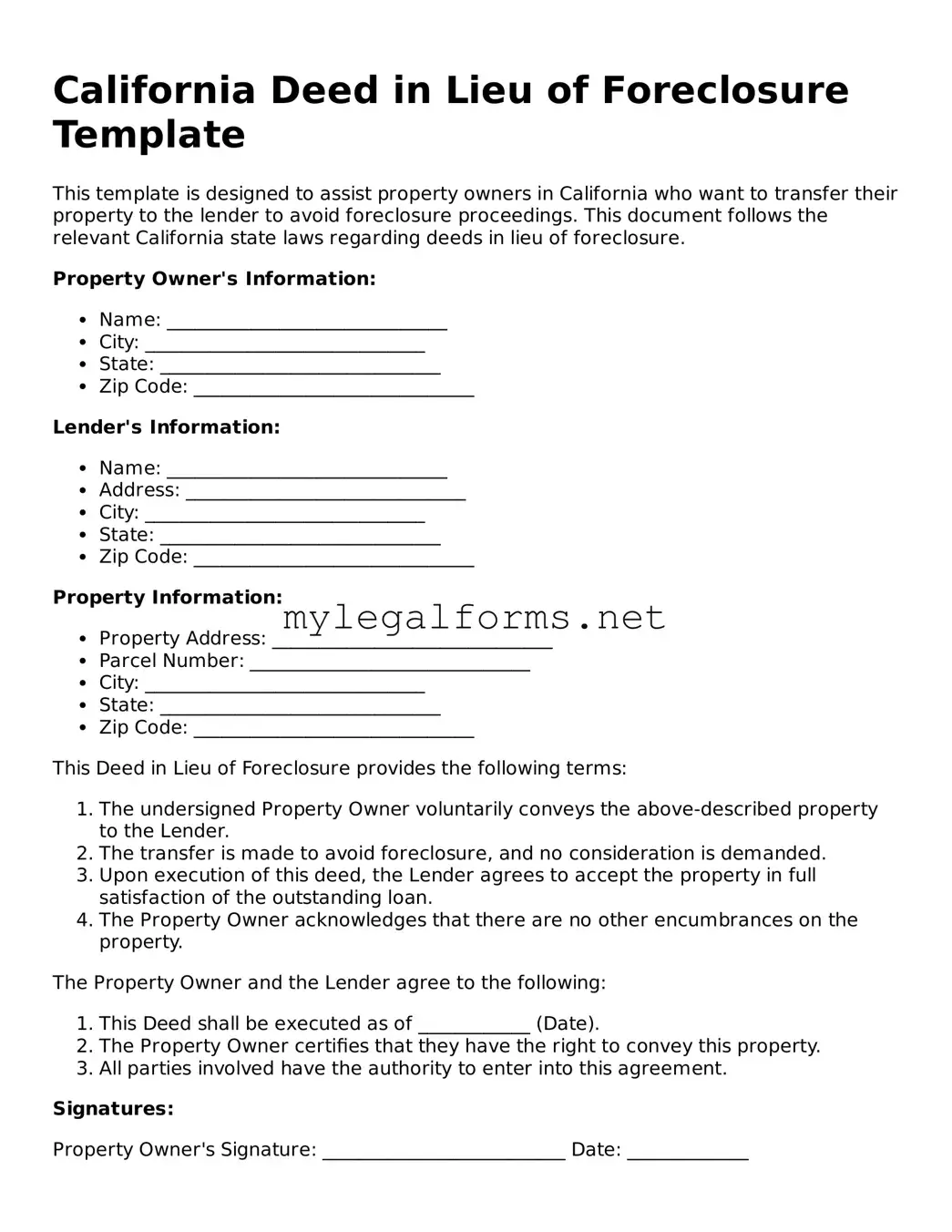 Deed in Lieu of Foreclosure Document for California State