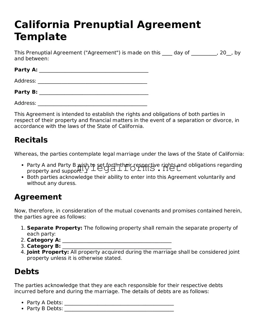 Prenuptial Agreement Document for California State