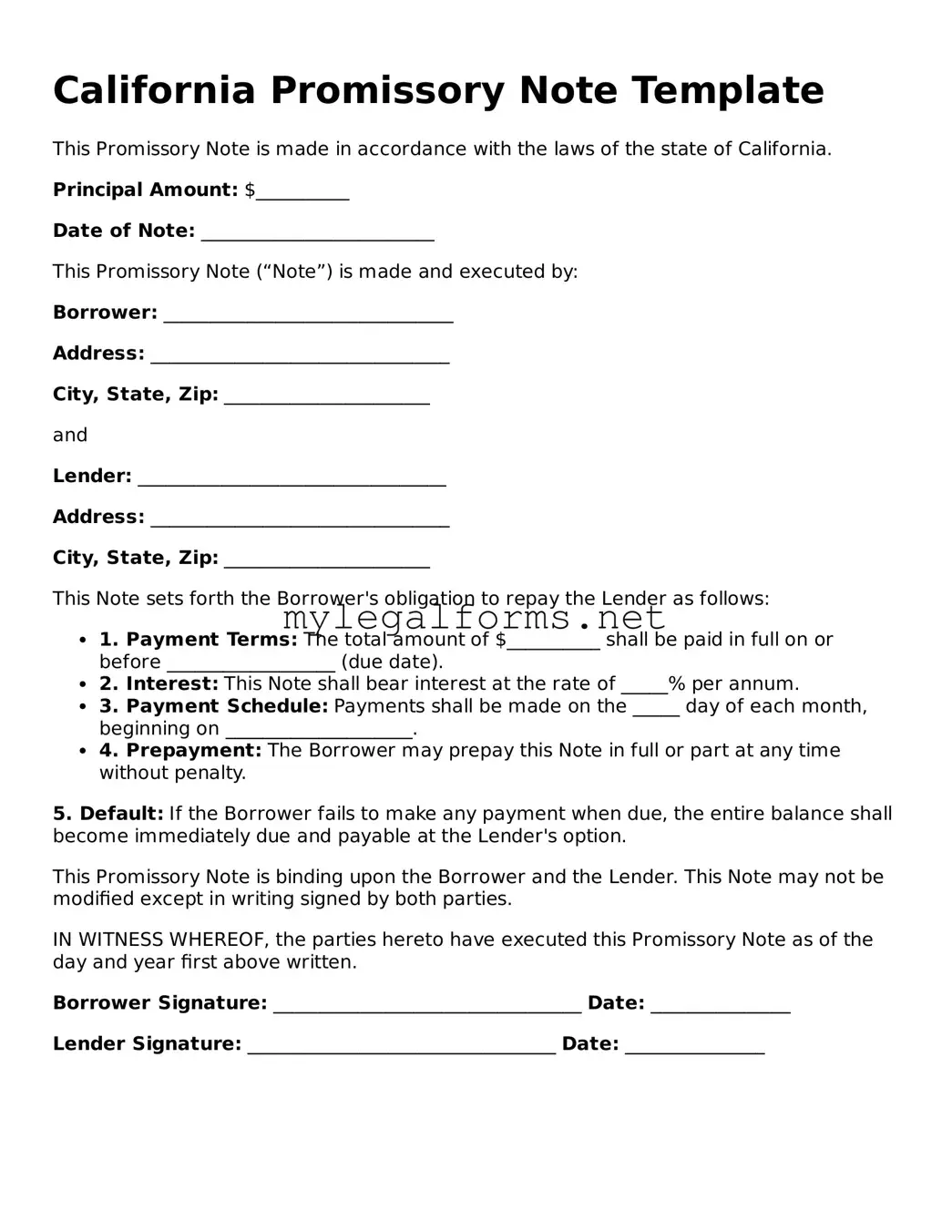 Promissory Note Document for California State