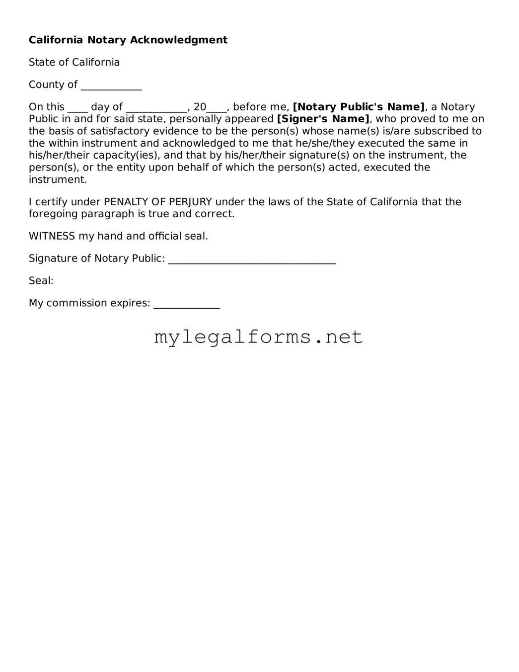 Notary Acknowledgement Document for California State