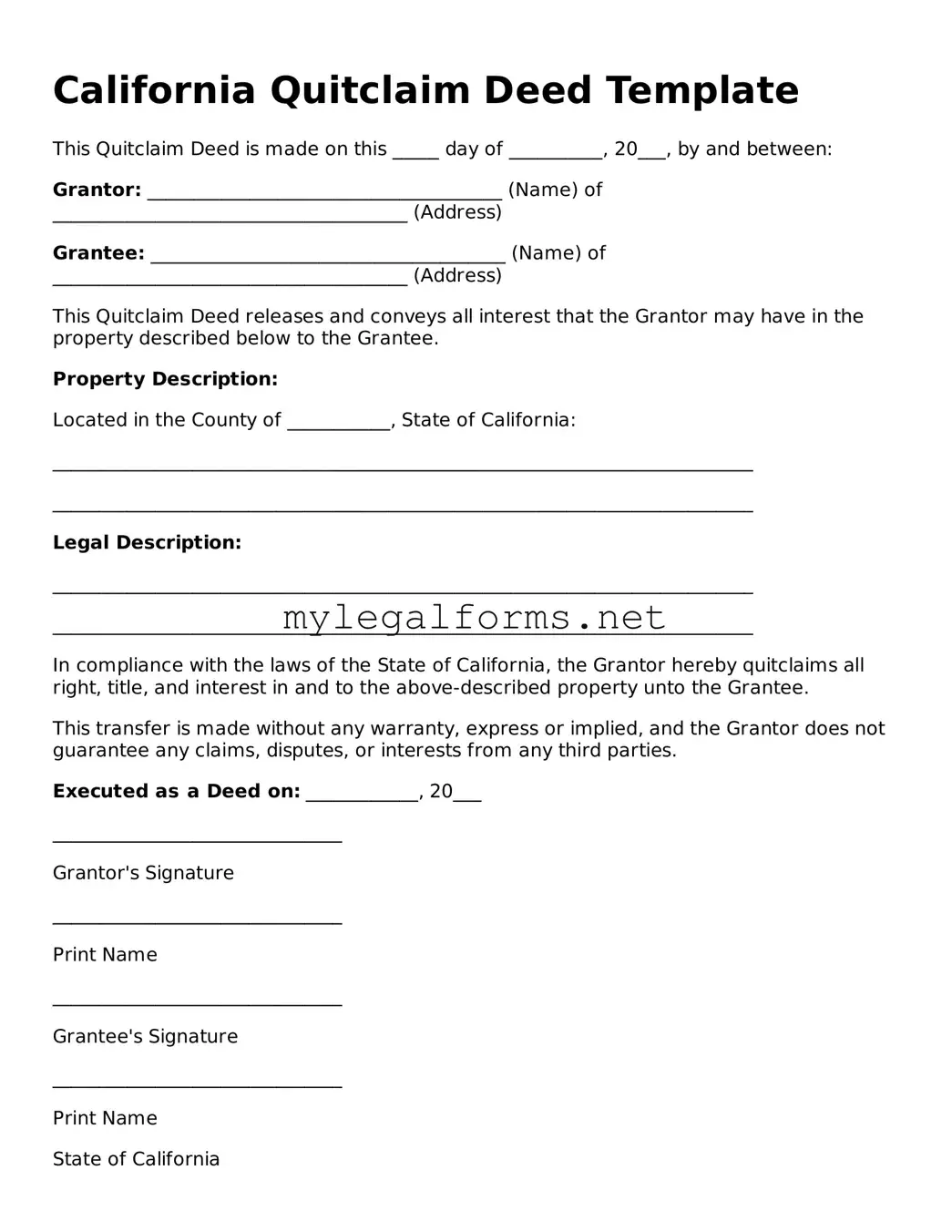 Quitclaim Deed Document for California State