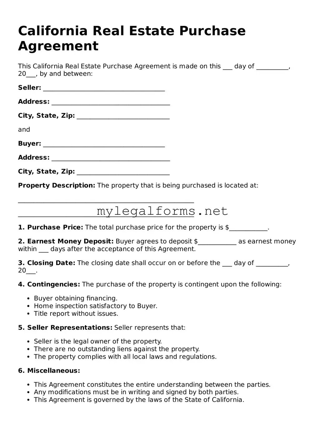 Real Estate Purchase Agreement Document for California State