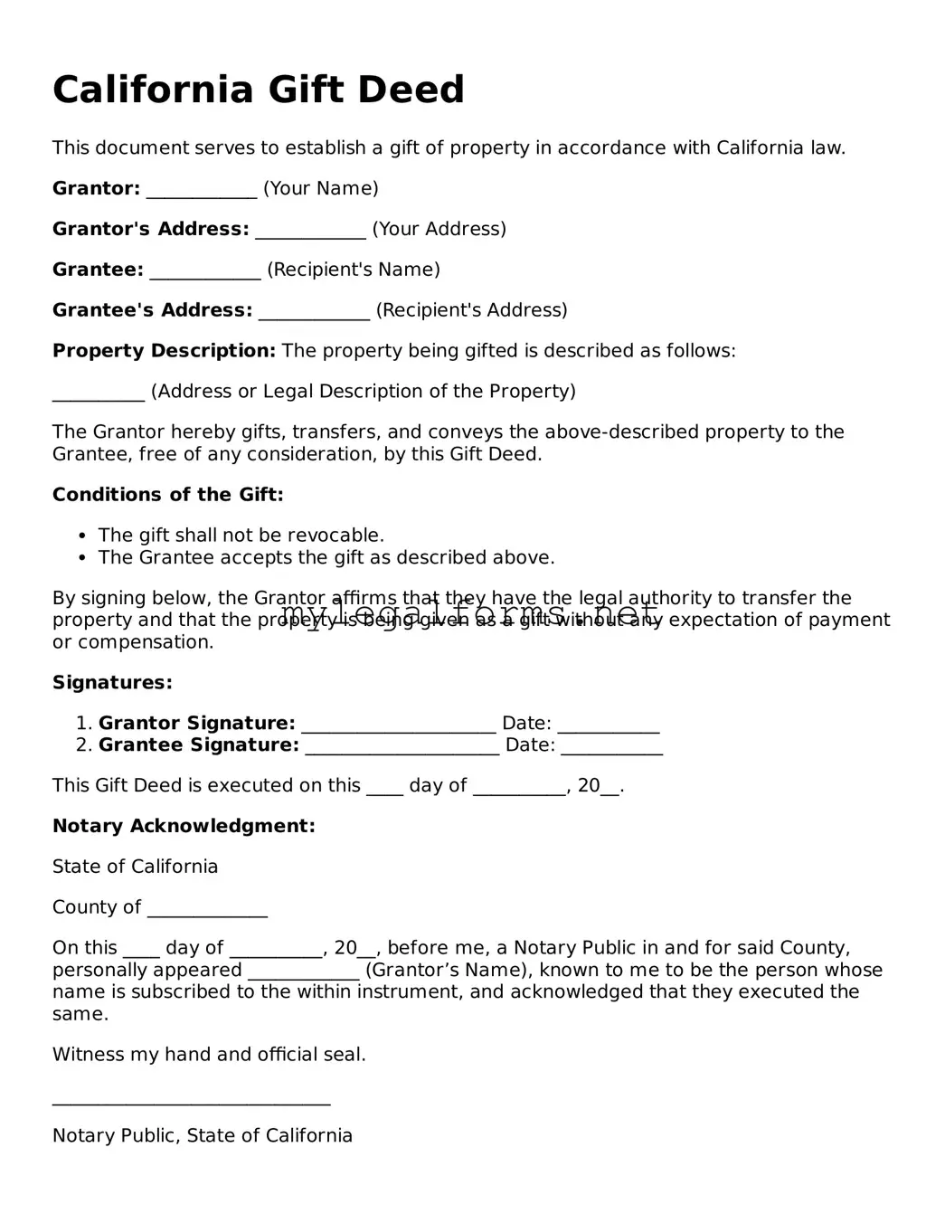 Gift Deed Document for California State