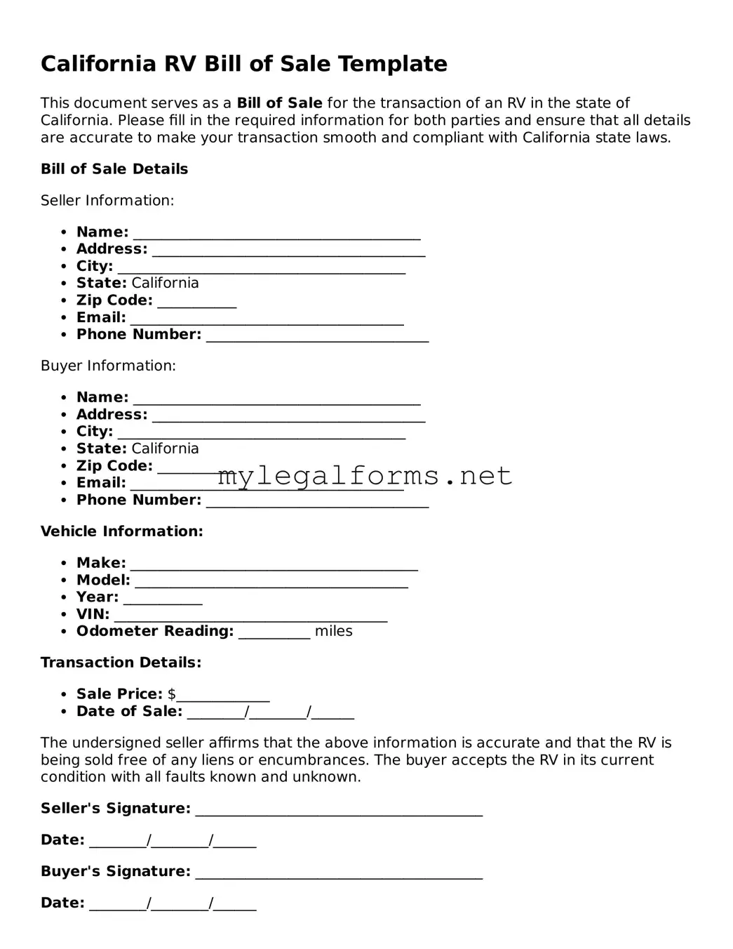 RV Bill of Sale Document for California State